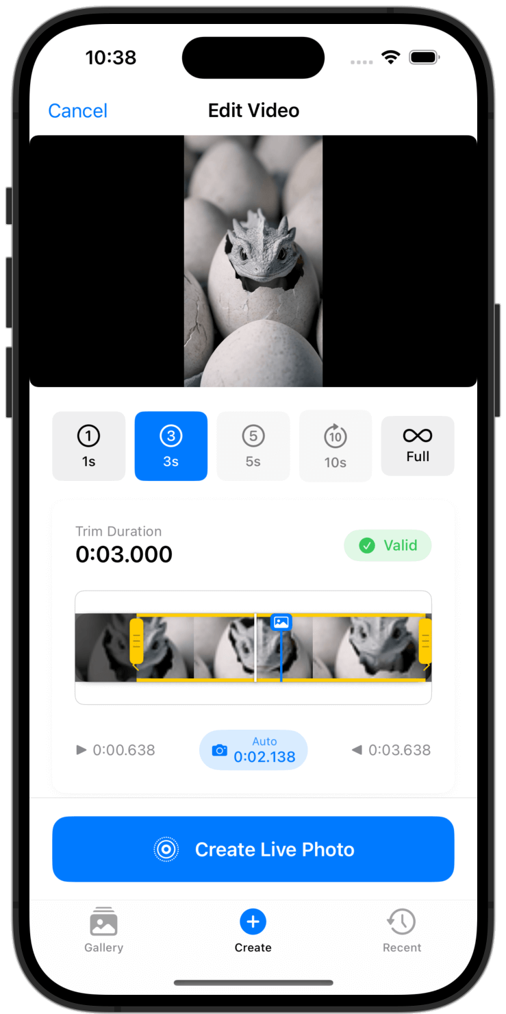 iPhone mockup showing the Video to Live conversion app interface